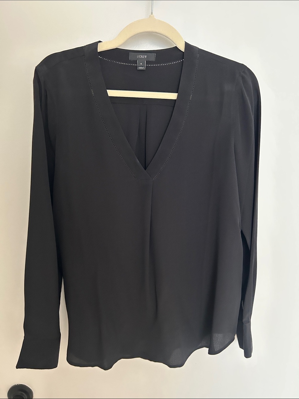 J. Crew 100% Silk Black V-Neck Long-Sleeve Blouse with Subtle Stitching
